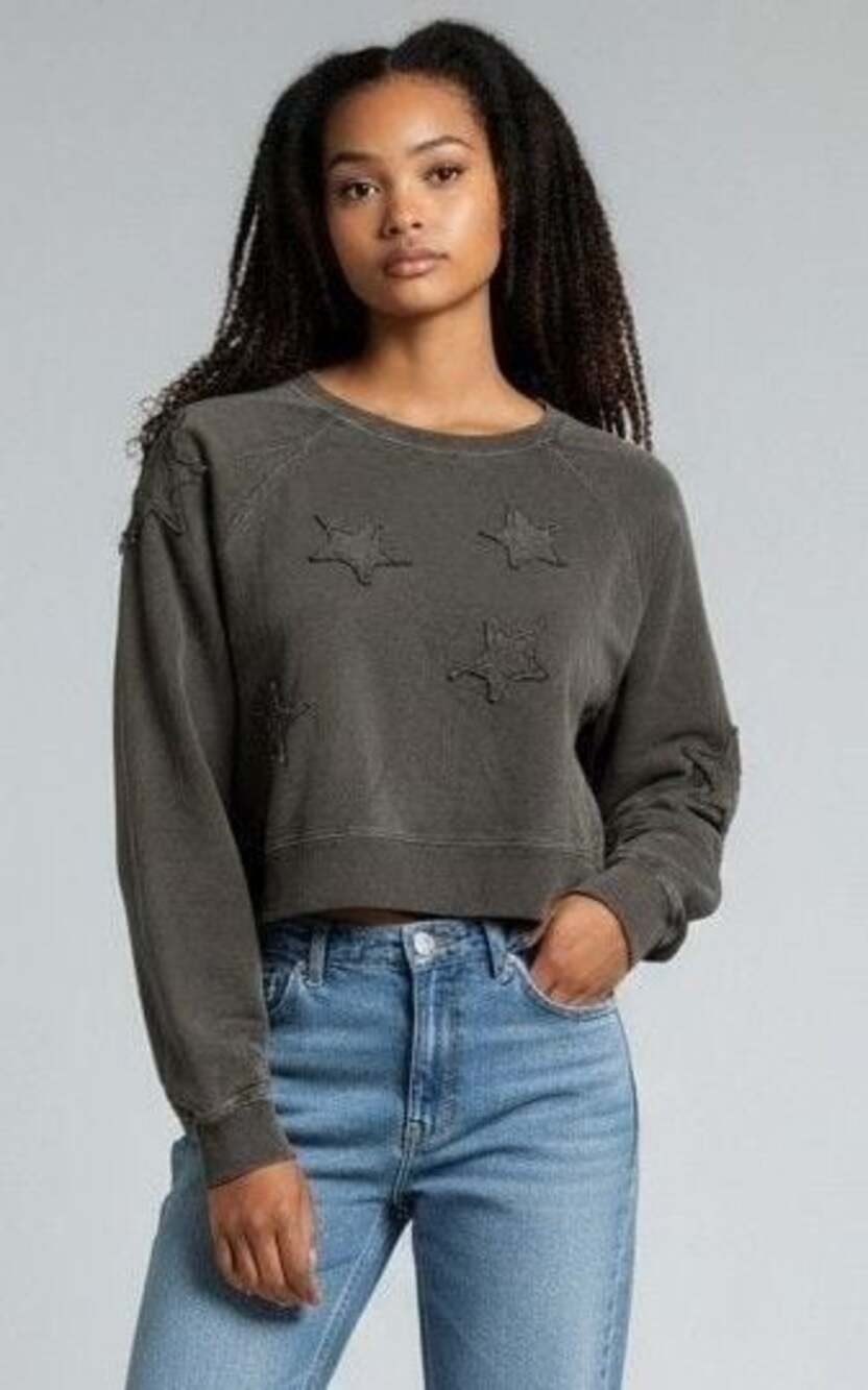 Katie J NYC Starr Washed Black Star Patch Crewneck Sweatshirt Large